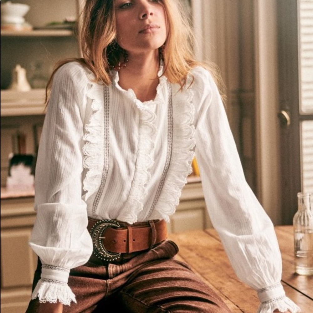 Sezane Marianella shirt size 36 white long sleeve shirt with ruffle